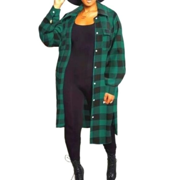 Jackets & Blazers - Ladies Plus size Green Button Down Flannel Long Shirt sz 4x